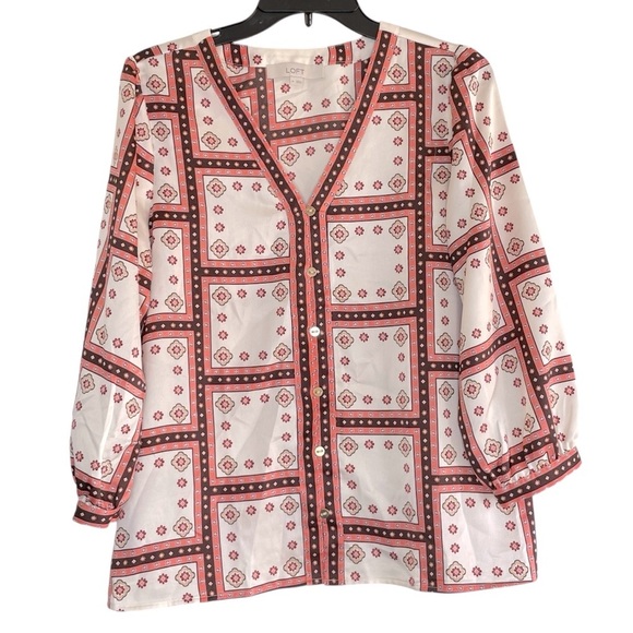 Loft Windowpane V-Neck Button Blouse size M. Peach, Brown & Cream - Picture 2 of 10
